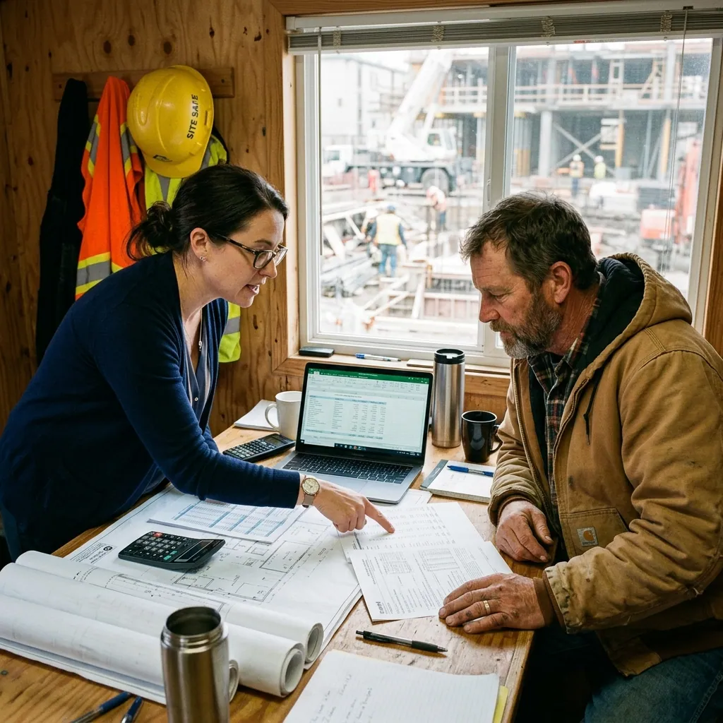 Tax professional meeting with contractor on job site