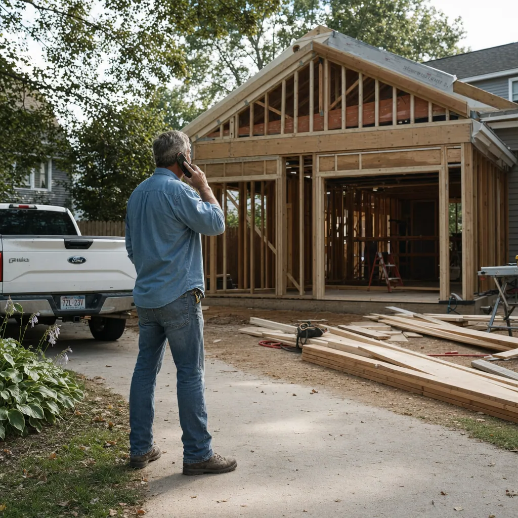 Wide shot of contractor's hands holding blueprints at an active construction site