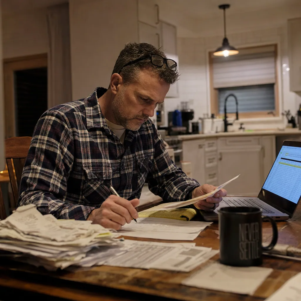 General contractor at desk reviewing financial documents and project folders