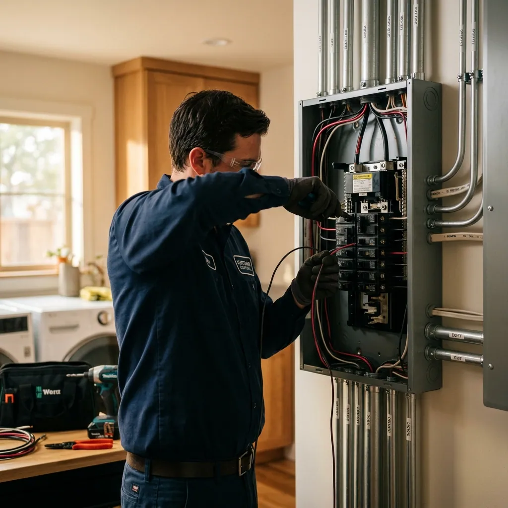 Licensed electrician working on commercial electrical panel