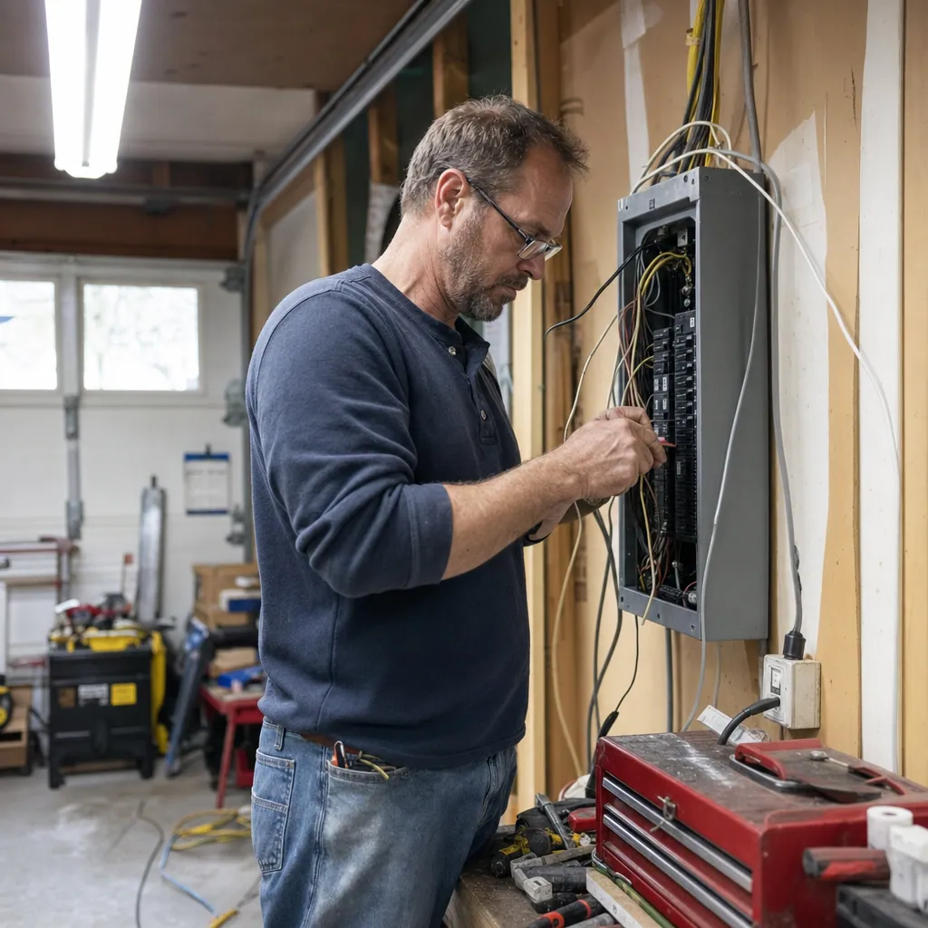 Licensed electrician working at a commercial electrical panel