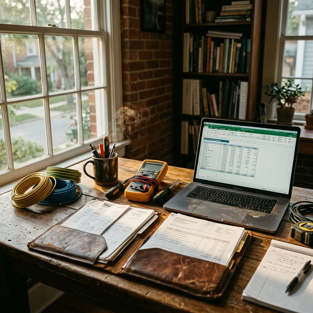Electrician's organized work desk with tax receipts and laptop showing financial summary