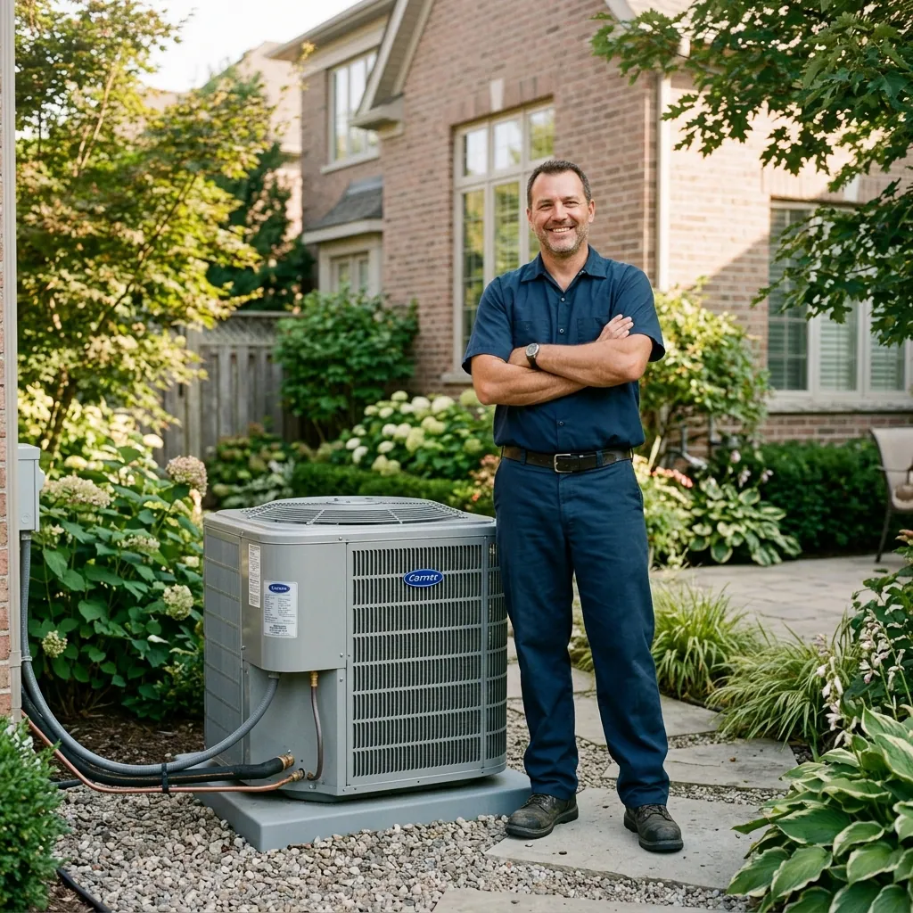 HVAC contractor standing next to AC unit outside Texas brick home