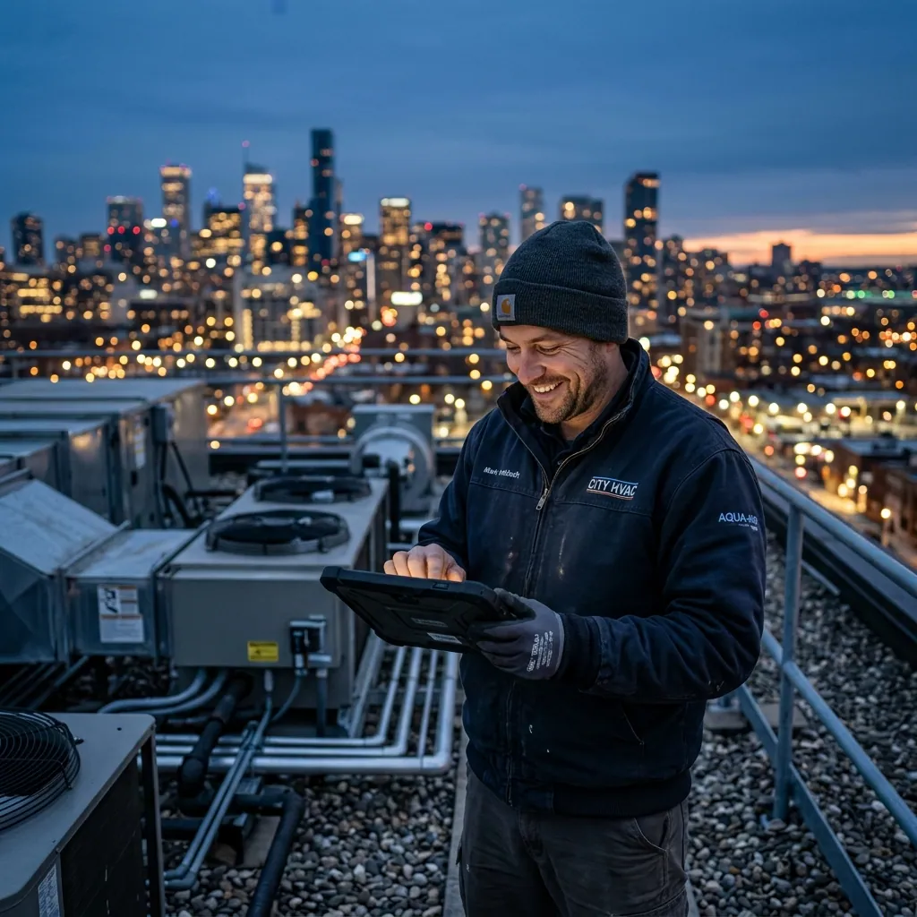 Self-employed HVAC contractor on a rooftop checking quarterly tax payments on a tablet