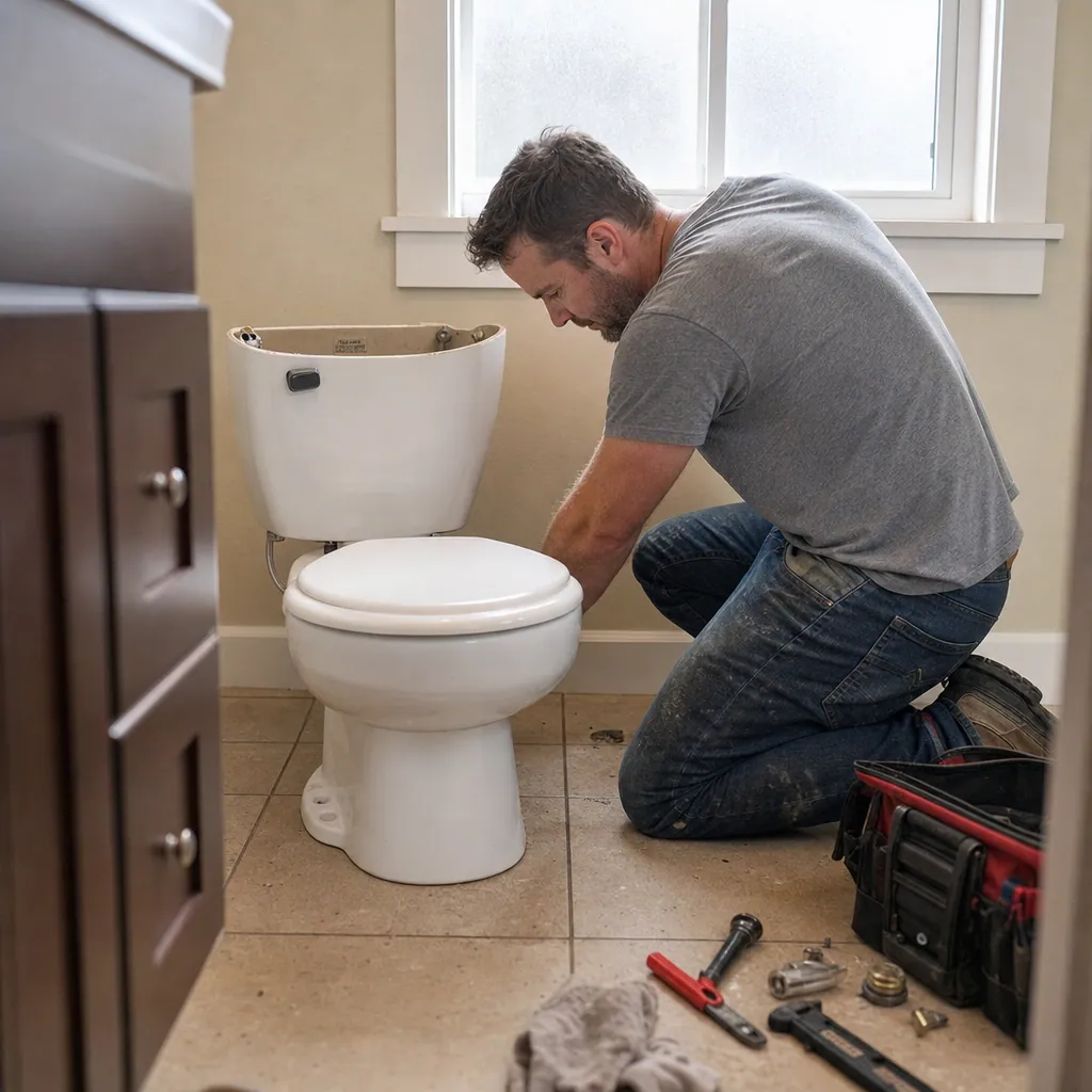 Professional plumber working under a kitchen sink