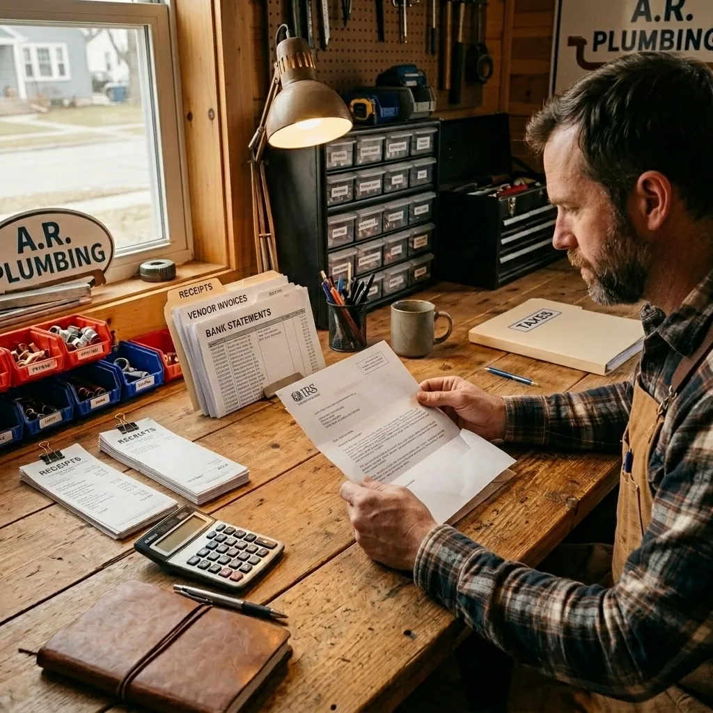 Plumber's organized work desk with tax receipts and paperwork