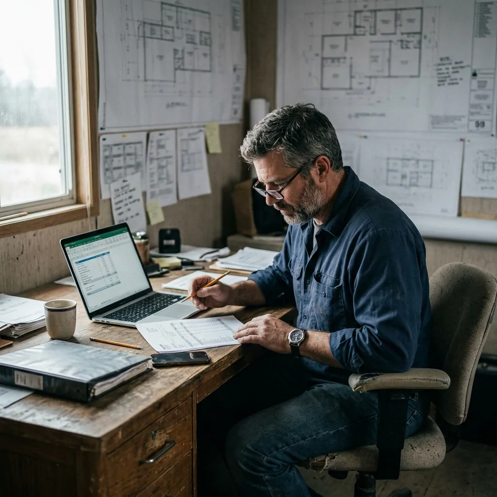 Contractor reviewing financials at desk