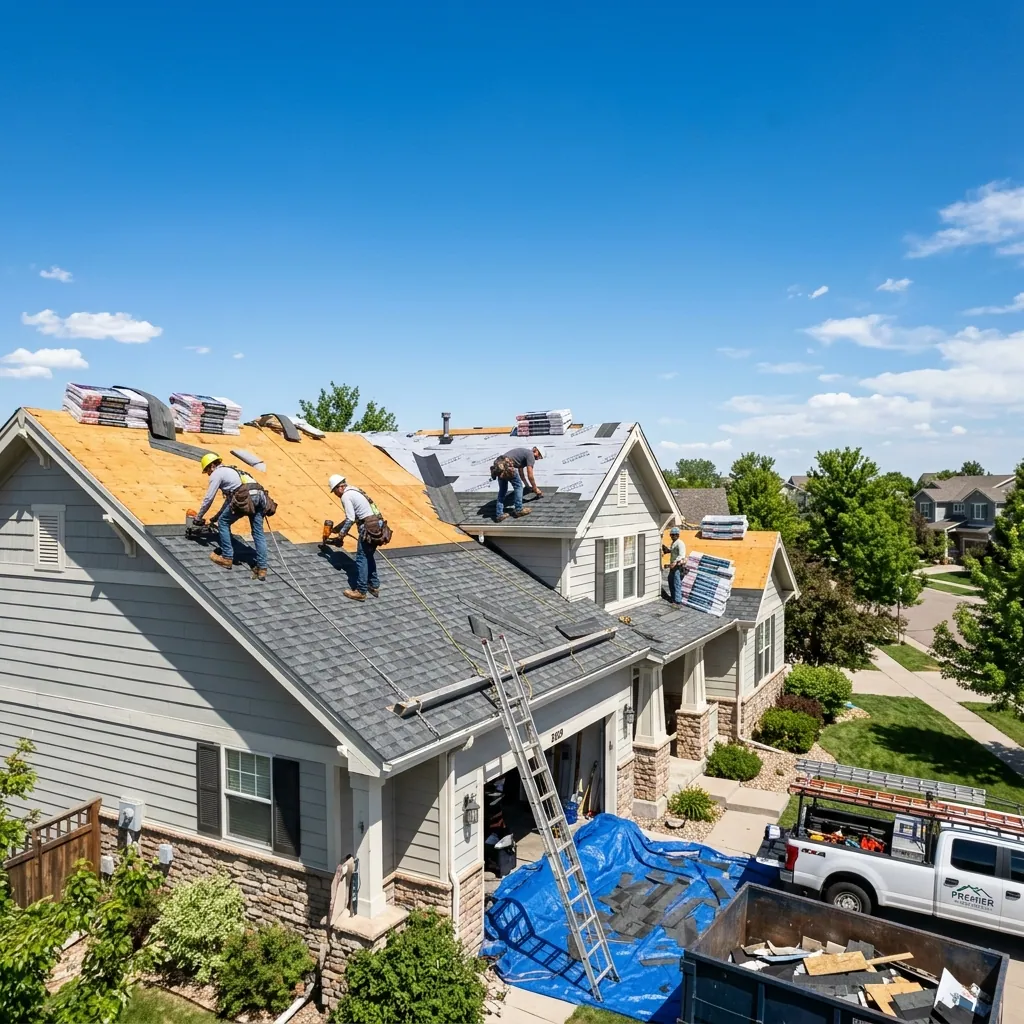 Roofing crew working on a residential home