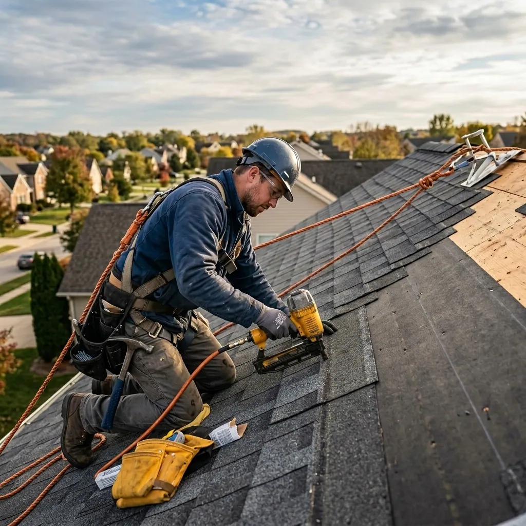 Professional roofer installing shingles on a residential roof