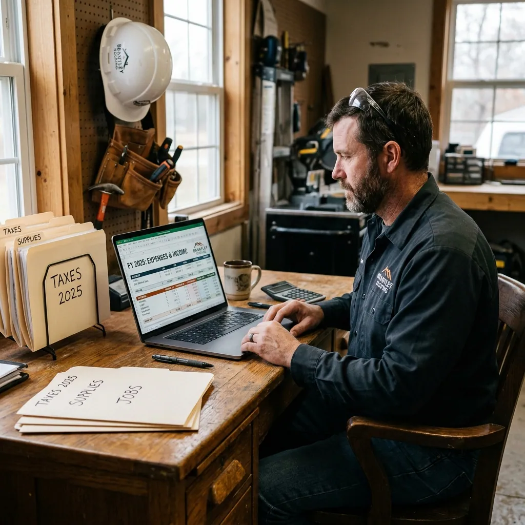 Roofer's organized work desk with tax receipts and laptop showing financial summary